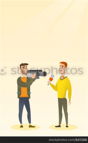 Professional caucasian reporter with a microphone presenting news. Young operator with camera filming a reporter. Reporter and operator recording news. Vector flat design illustration. Vertical layout. TV reporter and operator vector illustration.