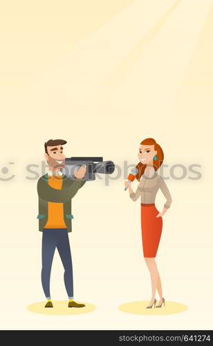 Professional caucasian reporter with a microphone presenting news. Young operator with camera filming a reporter. Reporter and operator recording news. Vector flat design illustration. Vertical layout. TV reporter and operator vector illustration.