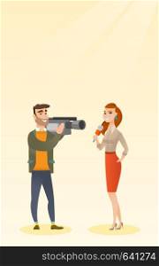 Professional caucasian reporter with a microphone presenting news. Young operator with camera filming a reporter. Reporter and operator recording news. Vector flat design illustration. Vertical layout. TV reporter and operator vector illustration.
