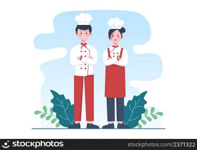 Professional Chef Cartoon Character Cooking Illustration with Different Trays and Food to Serve Delicious Food Suitable for Poster or Background