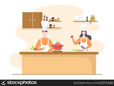 Professional Chef Cartoon Character Cooking Illustration with Different Trays and Food to Serve Delicious Food Made in Kitchen Suitable for Poster