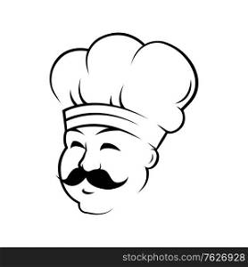 Professional chef outline vector illustration. Smiling chef, baker in hat ink pen sketch. Italian confectioner with mustache freehand drawing. Restaurant, bakery logo. Culinary line art design element. Professional chef outline vector illustration