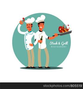 Professional chefs flat design. Happy cooks vector cartoon characters icon isolated on white illustration. Professional chefs flat design. Happy cooks vector cartoon characters
