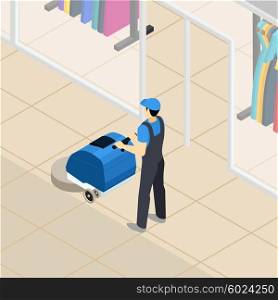 Professional cleaner at work isometric banner. Professional cleaner at work at clothing department store in shopping mall center abstract isometric banner vector illustration
