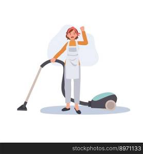 Professional Cleaner. Confident Lady working as housekeeper with a vacuum. Flat vector illustration