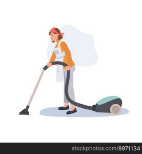 Professional Cleaner. Lady working as housekeeper is vacuuming the floor. Flat vector illustration