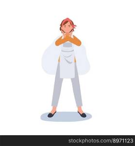 Professional Cleaner. people Character of Lady working as housekeeper doing ’NO’ , stop ,prohibited hand sign. Flat vector illustration
