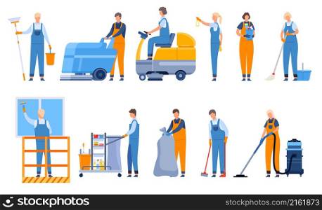 Professional cleaning company workers with equipment, vacuums and sweeper. Window washing. Characters with mop, broom and bucket vector set. Company staff dressed in uniform with tools. Professional cleaning company workers with equipment, vacuums and sweeper. Window washing. Characters with mop, broom and bucket vector set