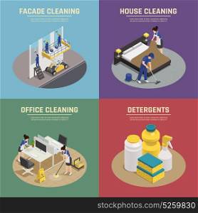 Professional Cleaning Isometric Compositions. Isometric compositions with professional cleaning of facade buildings, office, house, detergents and washing tools isolated vector illustration