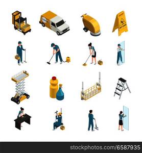 Professional cleaning isometric icons with staff in uniform, detergents and machine equipment including transport isolated vector illustration. Professional Cleaning Isometric Icons
