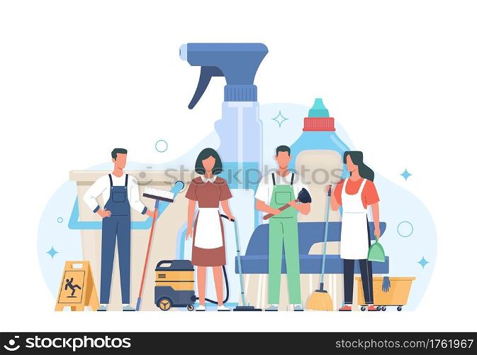 Professional cleaning service. Cleaners group in uniform with washing equipment and detergents, men and women janitors team, hygiene industrial and residential premises vector cartoon isolated concept. Professional cleaning service. Cleaners group in uniform with washing equipment and detergents, men and women janitors team, hygiene industrial and residential premises vector concept