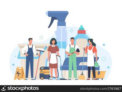 Professional cleaning service. Cleaners group in uniform with washing equipment and detergents, men and women janitors team, hygiene industrial and residential premises vector cartoon isolated concept. Professional cleaning service. Cleaners group in uniform with washing equipment and detergents, men and women janitors team, hygiene industrial and residential premises vector concept