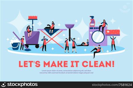 Professional cleaning service funny composition advertisement poster with team members sitting on iron board washing machine vector illustration