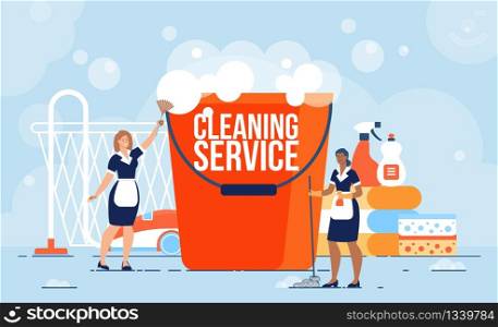 Professional Cleaning Service, Housekeeping Company Workers, Hotel Room Maid Job Opportunity Banner. Caucasian, African-American Women in Uniform, Bucket with Foam Trendy Flat Vector Illustration