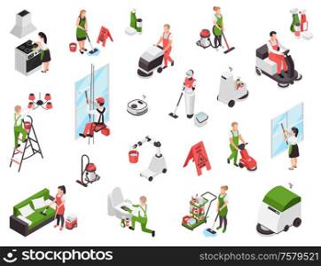 Professional cleaning service isometric set with isolated characters of workers with equipment and janitorial supplies detergents vector illustration