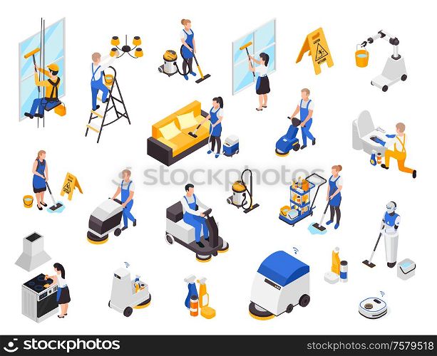 Professional cleaning service isometric set with isolated images of workers with janitorial supplies and furniture items vector illustration