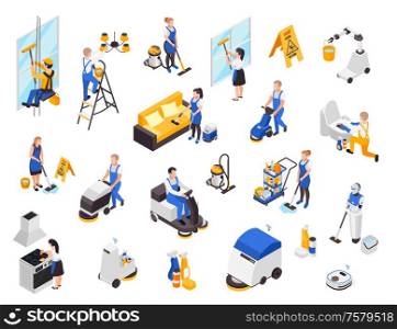 Professional cleaning service isometric set with isolated images of workers with janitorial supplies and furniture items vector illustration