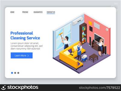 Professional cleaning service isometric web site landing page with indoor composition workers text and clickable links vector illustration