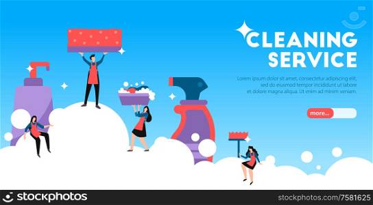 Professional cleaning service landing page horizontal banner with funny figures performing housekeeping duties blue background vector illustration