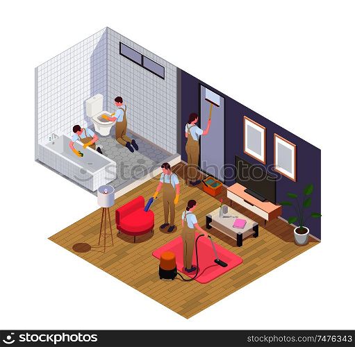 Professional cleaning service team at work vacuuming carpet furniture squeegeeing window washing disinfecting bathroom isometric vector illustration