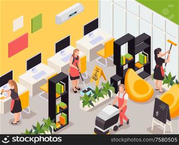 Professional cleaning service team working in college office dusting computer desks bookshelves vacuuming isometric composition vector illustration