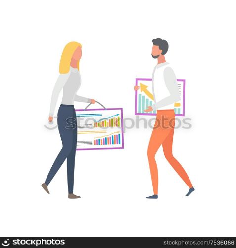 Professional collaboration at work, vector woman holding board with charts and graphs and man giving advices, business people achieving agreement isolated. Professional Collaboration, Vector Charts Graphs