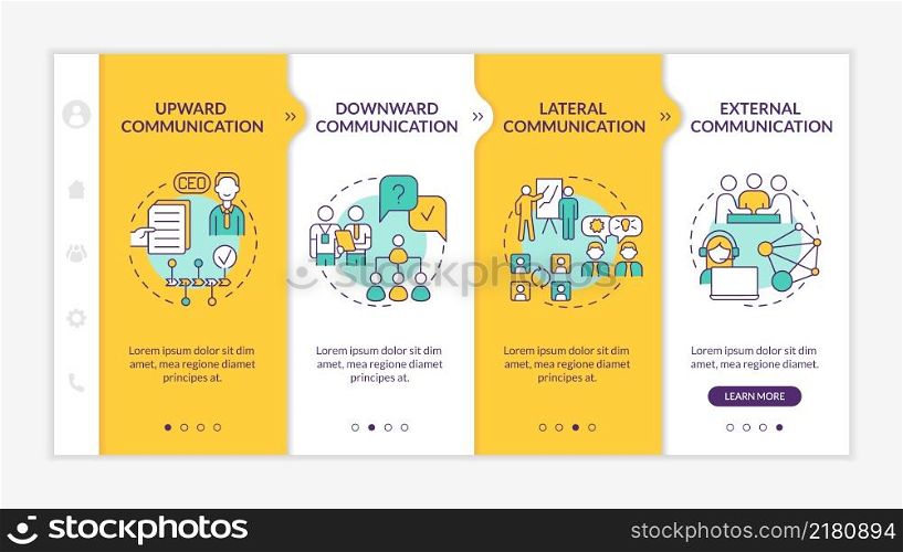 Professional communication types yellow onboarding template. Organization chart. Responsive mobile website with linear concept icons. Web page walkthrough 4 step screens. Lato-Bold, Regular fonts used. Professional communication types yellow onboarding template