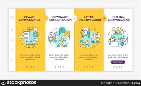 Professional communication types yellow onboarding template. Organization chart. Responsive mobile website with linear concept icons. Web page walkthrough 4 step screens. Lato-Bold, Regular fonts used. Professional communication types yellow onboarding template