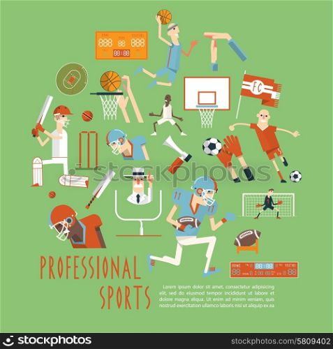 Professional competitive popular team sports matches moments with players arbiters and accessories concept poster abstract vector illustration. Professional competitive team sports concept poster