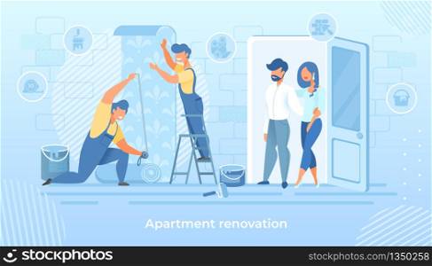 Professional Construction Workers Doing Apartment Renovation with Equipment for Home Repair. Characters in Uniform Overalls Standing on Ladder, Measuring Wallpapers, Cartoon Flat Vector Illustration. Professional Construction Workers Glue Wallpaper