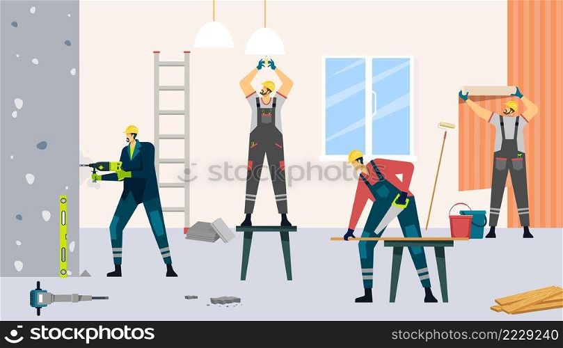 Professional construction workers doing renovation in apartment. Repairmen team wallpapering room, changing l&. Builders with equipment for restoration vector. Characters with saw, power drill. Professional construction workers doing renovation in apartment. Repairmen team wallpapering room, changing l&