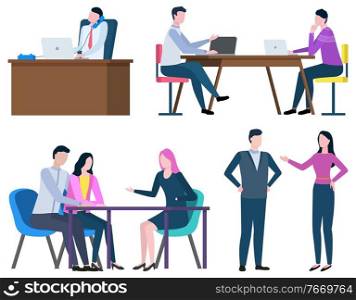 Professional consultation, broker collaboration, workers communication with laptop. Employees man and woman speaking, partnership and corporate vector. Business Cooperation, Man and Woman Workers Vector