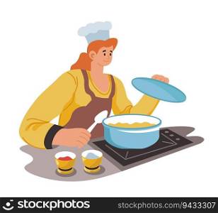 Professional cook trying meal on stove, isolated woman cooking soup or vegetarian dish. Lady in apron and hat stirring soup in pan. Restaurant or dinner menu for clients. Vector in flat style. Cooking soup, professional cook trying meal vector