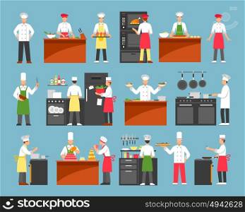 Professional Cooking Decorative Icons Set . Professional cooking decorative icons set with chefs at cooker and waiters with trays isolated vector illustration