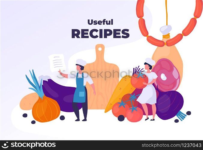 Professional cooking. Healthy food and restaurant culinary concept, trendy cartoon characters preparing dinner. Vector illustration