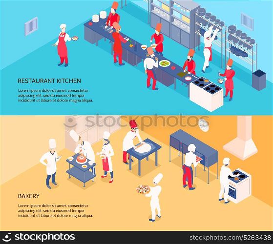 Professional Cooking Isometric Banners . Professional cooking isometric banners with restaurant kitchen and bakery on blue and yellow backgrounds isolated vector illustration