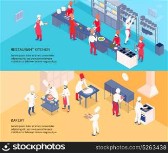 Professional Cooking Isometric Banners . Professional cooking isometric banners with restaurant kitchen and bakery on blue and yellow backgrounds isolated vector illustration
