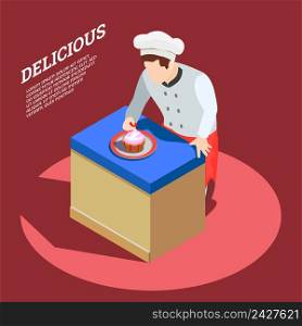 Professional cooking people chef pizzaiolo isometric people composition with faceless character of pastryman and editable text vector illustration. Delicious Food Maker Background