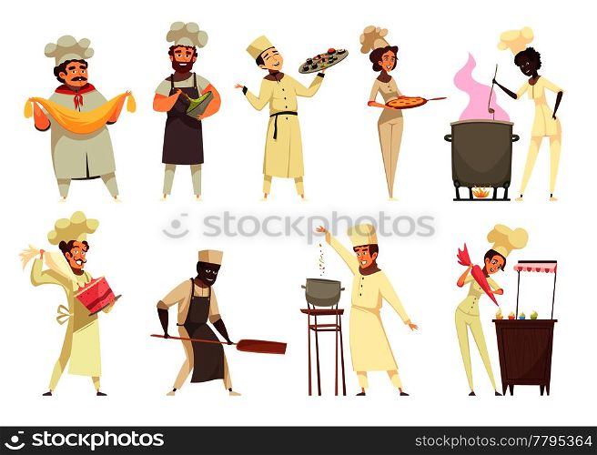 Professional cooking set of chefs during food preparation including asian dishes, pizza, desserts isolated vector illustration. Professional Cooking Set