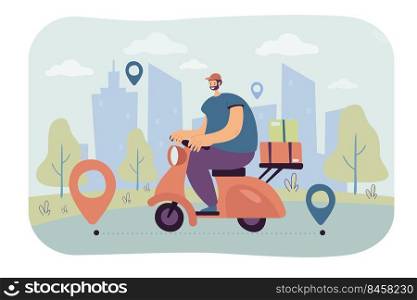 Professional courier delivering order on scooter flat vector illustration. Cartoon man shipping package. Express delivery service and GPS navigation concept