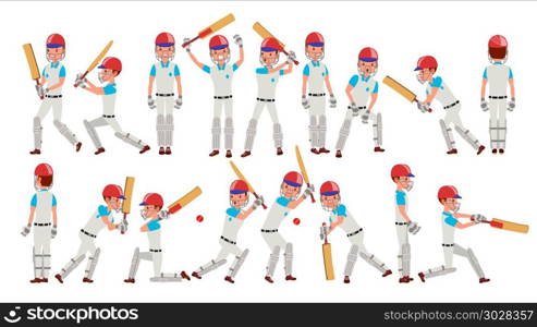 Professional Cricket Player Vector. Equipped Players. Pads, Bats, Helmet. Isolated On White Cartoon Character Illustration. Cricket Player Vector. In Action. Cricket Team Character. Poses. Flat Cartoon Illustration