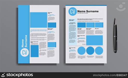 Professional Cv Resume Template Design Vector. Pen And Bright Beautiful Letterhead Of Cv For Personal Information Of Person Searching Looking Job. Cover Letter Realistic 3d Illustration. Professional Cv Resume Template Design Vector