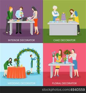 Professional Decorators Flat Icons Square Composition . Professional home interior decoration with floral compositions and wedding cake 4 flat icons square isolated vector illustration