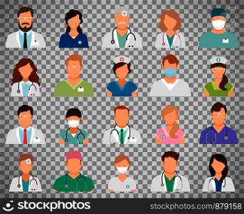 Professional doctor avatars isolated on transparent background. Medicine professionals and medical staff people icons vector illustration. Doctor avatars on transparent background