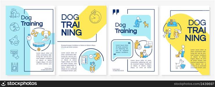 Professional dog training school blue and yellow brochure template. Leaflet design with linear icons. 4 vector layouts for presentation, annual reports. Questrial, Lato-Regular fonts used. Professional dog training school blue and yellow brochure template