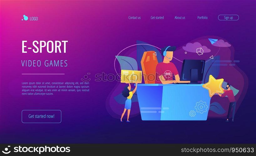 Professional e-sport player at desk playing video game and getting likes. E-sport, cybersport market, competitive computer gaming concept. Website vibrant violet landing web page template.. E-sport concept landing page.