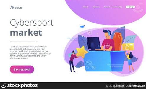 Professional e-sport player at desk playing video game and getting likes. E-sport, cybersport market, competitive computer gaming concept. Website vibrant violet landing web page template.. E-sport concept landing page.