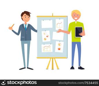 Professional economists discussing financial issues at board with charts and graphs. Business people making presentation together, vector cartoon characters. Professional Economists Discussing Financial Issue
