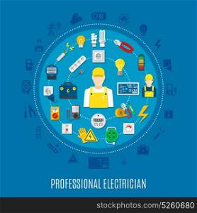 Professional Electrician Round Design. Professional electrician round design with icons of work tools and electric appliances on blue background vector illustration