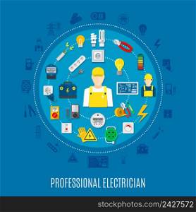 Professional electrician round design with icons of work tools and electric appliances on blue background vector illustration. Professional Electrician Round Design